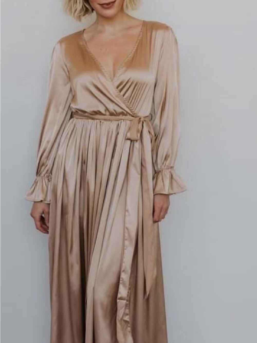 Baltic Born Champagne Satin Long Sleeve Wrap Maxi Dress